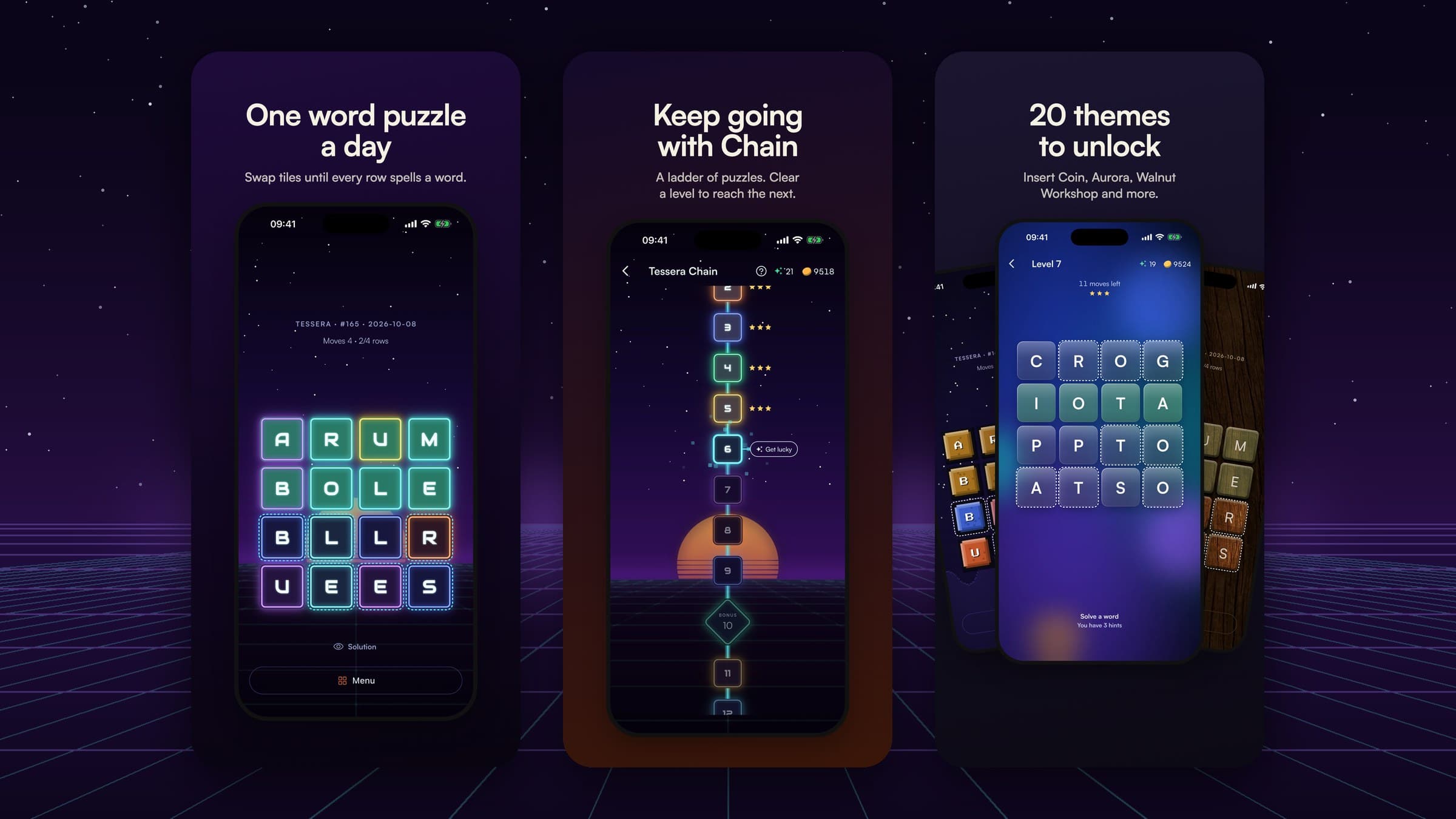 Three Tessera app screens: the daily puzzle, Tessera Chain and the themes